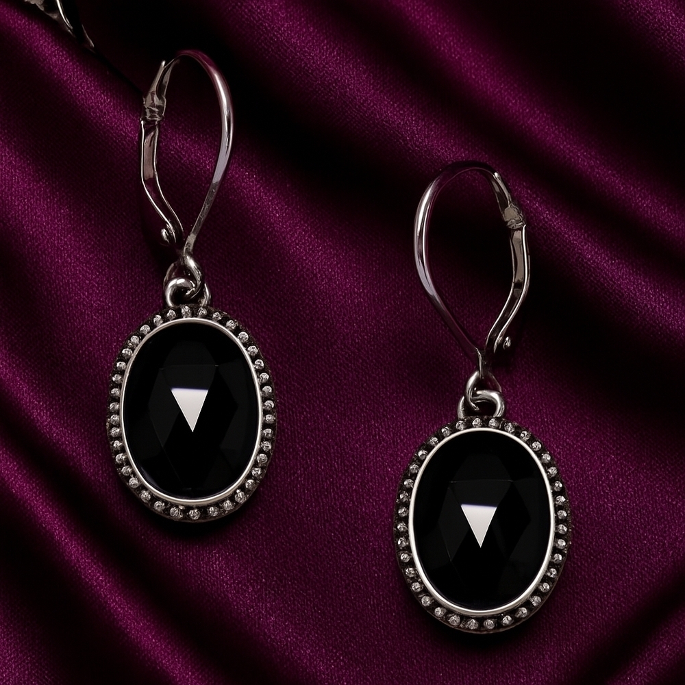 Silver Drop Earrings – Faceted Black Stones with Beaded Frame, Leverback Design
